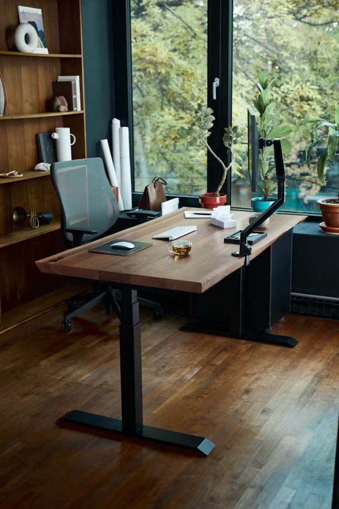 Modern home office with a wooden sit-stand desk, monitor, and plants by a bright window