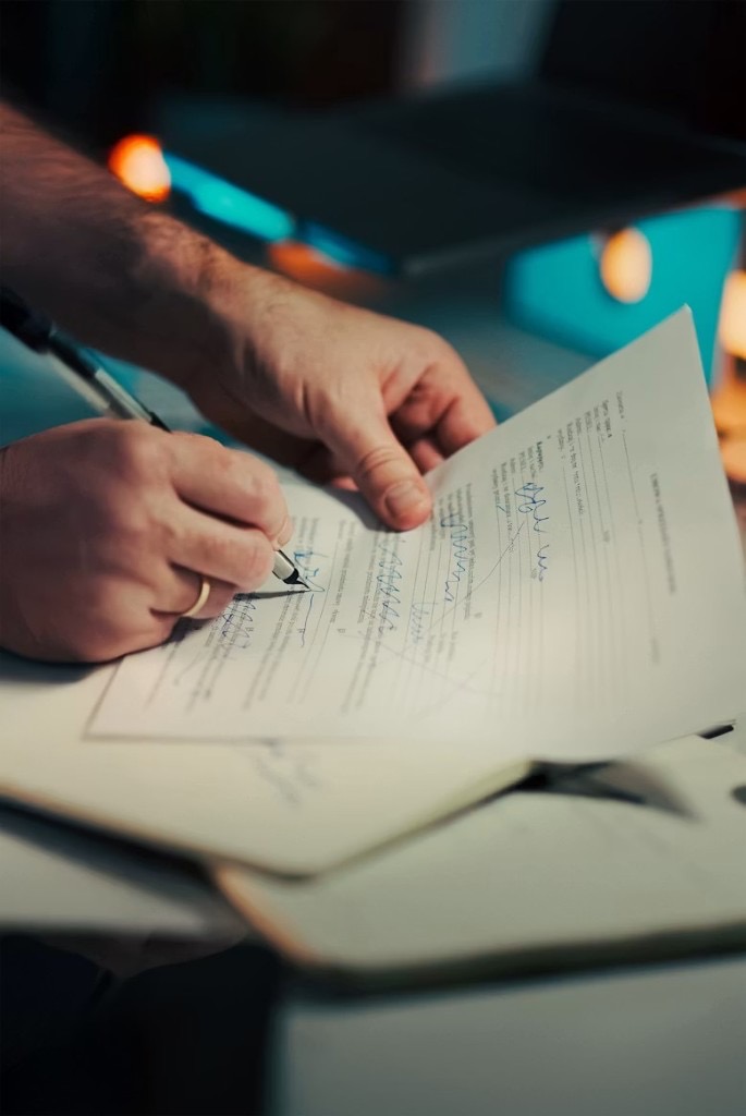 Close-up of hands signing a business document with a pen on a desk